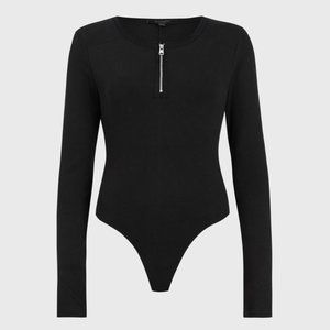 AllSaints Alicia Half Zip Long Sleeve Bodysuit, Black US 4